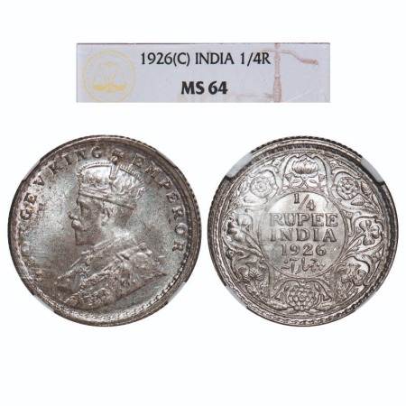 George V, Silver, 1/4 Rupee, 1926, Calcutta Mint, No dot. F. Prid 449. GK 1094. NGC Slabbe