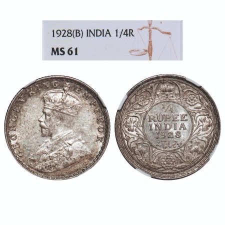 George V, Silver, 1/4 Rupee, 1928, Bombay Mint, Dot. F. Prid 459. GK 1095. NGC Slabbed MS 