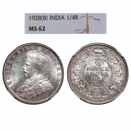 George V, Silver, 1/4 Rupee, 1928, Bombay Mint, Dot. F. Prid 459. GK 1095. NGC Slabbed MS 