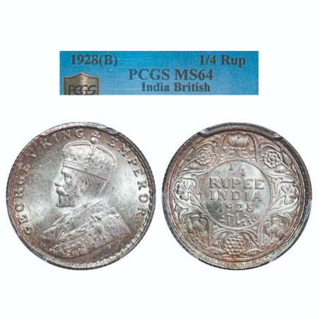 George V, Silver, 1/4 Rupee, 1928, Bombay Mint, Dot. F. Prid 459. GK 1095. PCGS Slabbed MS