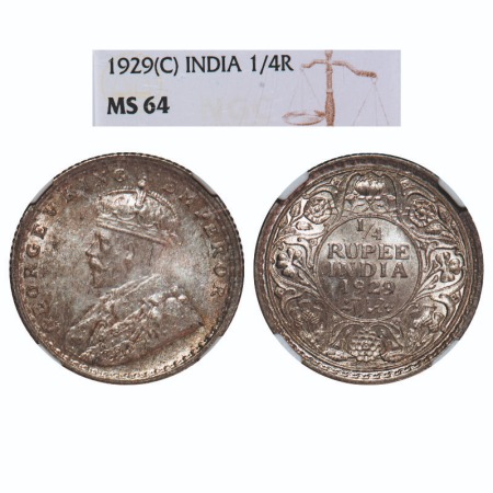 George V, Silver, 1/4 Rupee, 1929, Calcutta Mint, No dot. F. Prid 450. GK 1096. NGC Slabbe