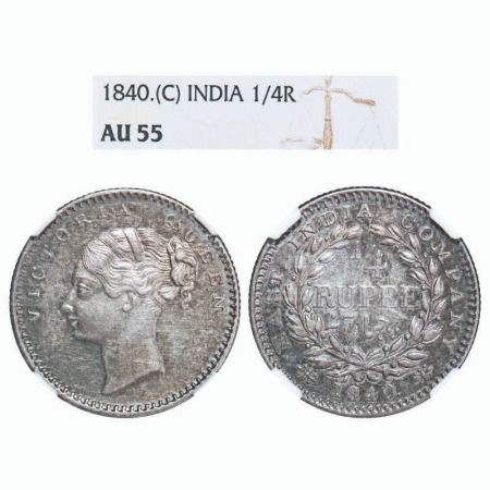 Victoria Queen, Silver, 1/4 Rupee, 1840, CL, Bombay Mint, B/I, English Head with modified 