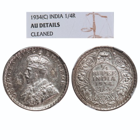 George V, Silver, 1/4 Rupee, 1934, Calcutta Mint, No dot. F. Prid 452. GK 1098. NGC Slabbe