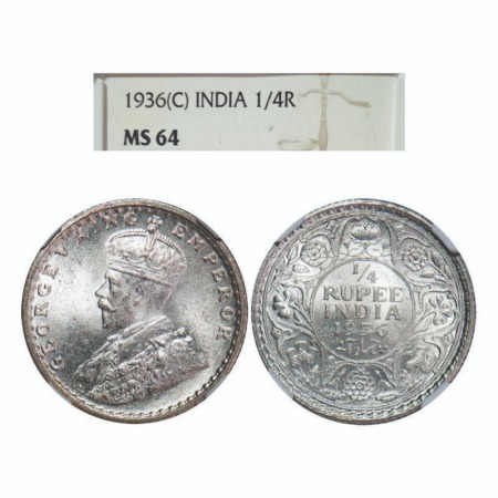 George V, Silver, 1/4 Rupee, 1936, Calcutta Mint, No dot. F. Prid 453. GK 1099. NGC Slabbe
