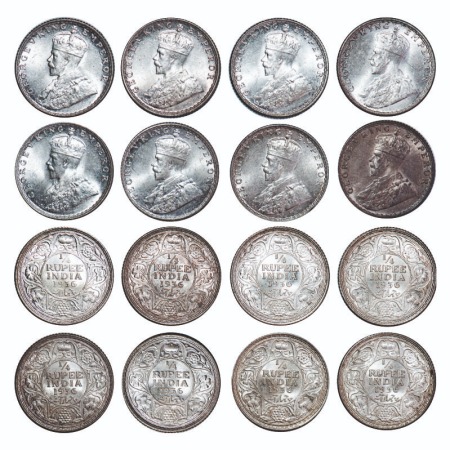 George V, Silver, 1/4 Rupee, (lot of 8 coins), 1936, Bombay Mint, Dot. F. Prid 460(8). GK 