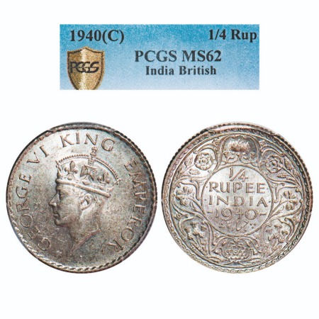 George VI, Silver, 1/4 Rupee, 1940, Calcutta Mint, Head type II, Rev I, No dot, Milled edg