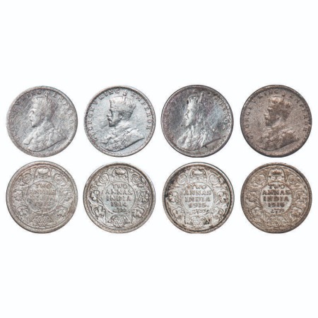 George V, Silver, 2 Annas, (4 coins), 1) 1912, Calcutta Mint, No dot, 2) 1915, Bombay Mint