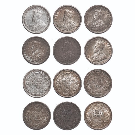 George V, Silver, 2 Annas, (lot of 6 coins), 1) 1912, Calcutta Mint, No dot, 2) 1913, Bomb