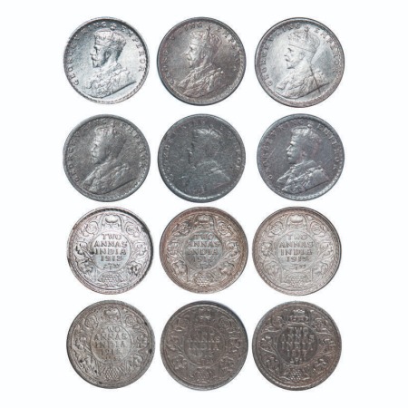 George V, Silver, 2 Annas, (lot of 6 coins), 1) 1912, Calcutta Mint, No dot, 2) 1913, Bomb