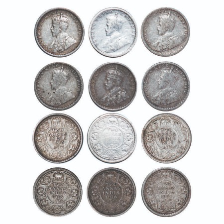 George V, Silver, 2 Annas, (lot of 6 coins), 1 & 2) 1912, Bombay Mint, Dot, Re-Drawn Eleph