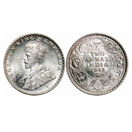 George V, Silver, 2 Annas, 1913, Calcutta Mint, No dot. F. Prid 566. GK 1110. Brilliant Un