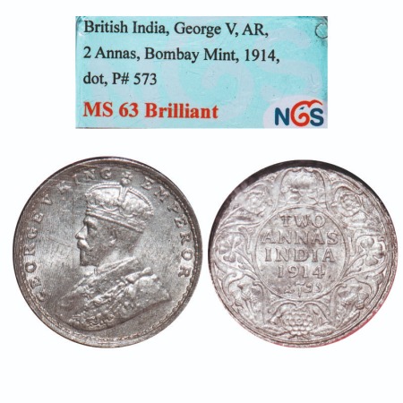George V, Silver, 2 Annas, 1914, Bombay Mint, Dot. F. Prid 573. GK 1113. NGS Slabbed MS 63