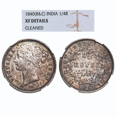 Victoria Queen, Silver, 1/4 Rupee, 1840, DL, Calcutta Mint, W.W. raised, Numeral '4' w/o s