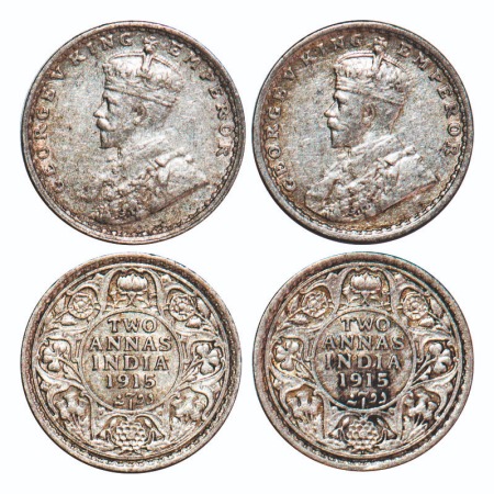 George V, Silver, 2 Annas, (2 coins), 1915, Bombay Mint, Dot. F. Prid 574. GK 1115. Very F