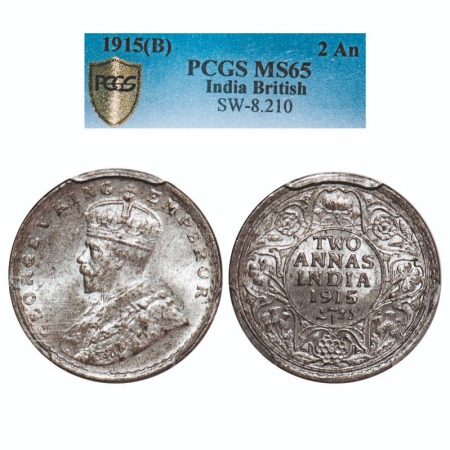 George V, Silver, 2 Annas, 1915, Bombay Mint, Dot. F. Prid 574. GK 1115. PCGS Slabbed MS 6