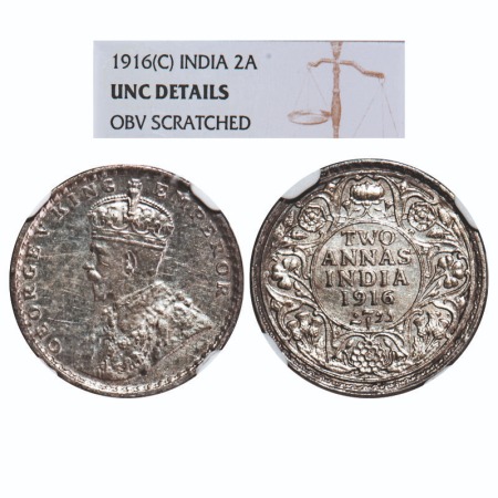 George V, Silver, 2 Annas, 1916, Calcutta Mint, No dot. F. Prid 569. GK 1116. NGC Slabbed 