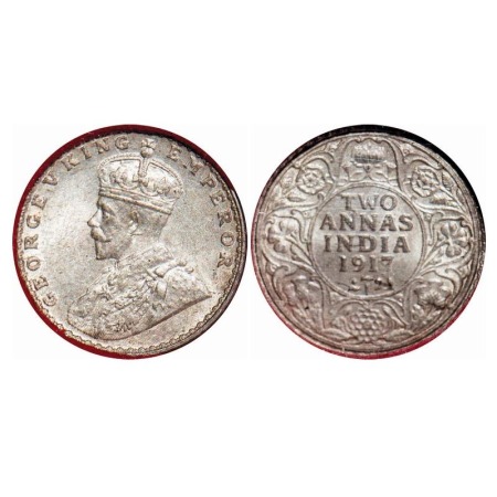 George V, Silver, 2 Annas, 1917, Calcutta Mint, No dot. F. Prid 570. GK 1117. NGS Slabbed 