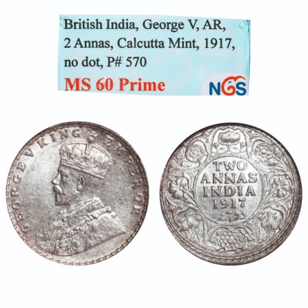 George V, Silver, 2 Annas, 1917, Calcutta Mint, No dot. F. Prid 570. GK 1117. NGS Slabbed 