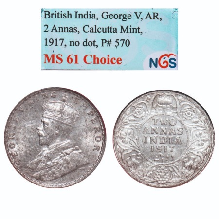 George V, Silver, 2 Annas, 1917, Calcutta Mint, No dot. F. Prid 570. GK 1117. NGS Slabbed 