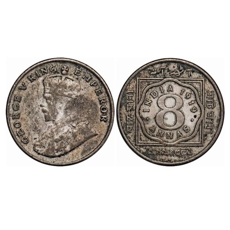 George V, Copper-Nickel, 8 Annas, 1919, Calcutta Mint, No dot. F. Prid 870. GK 1077. Fine+