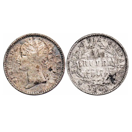 Victoria Queen, Silver, 1/4 Rupee, 1840, DL, Calcutta Mint, W.W. raised, Wreath with 10 Be