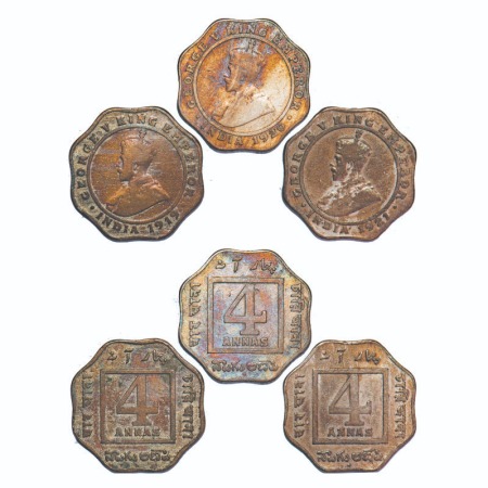 George V, Copper-Nickel, 4 Annas, (3 coins), 1) 1919, Calcutta Mint, No dot, 2) 1920, Bomb