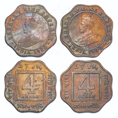 George V, Copper-Nickel, 4 Annas, (2 coins), 1) 1920, Calcutta Mint, No dot, 2) 1920, Bomb