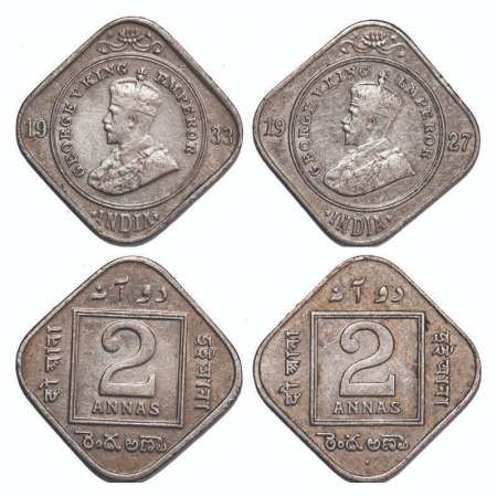 George V, Copper-Nickel, 2 Annnas, (2 coins), 1) 1927, Bombay Mint, Dot, 2) 1933, Calcutta