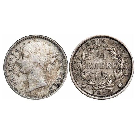 Victoria Queen, Silver, 1/4 Rupee, 1840, DL, Madras Mint, W.W. 'S' raised, Wreath with 10 
