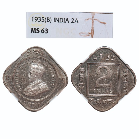 George V, Copper-Nickel, 2 Annas, 1935, Bombay Mint, Dot. F. Prid 902. GK 1139. NGC Slabbe