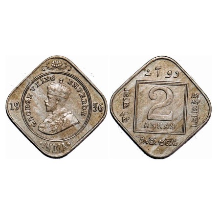George V, Copper-Nickel, 2 Annas, 1936, Bombay Mint, Dot. F. Prid 903. GK 1140. Almost Unc