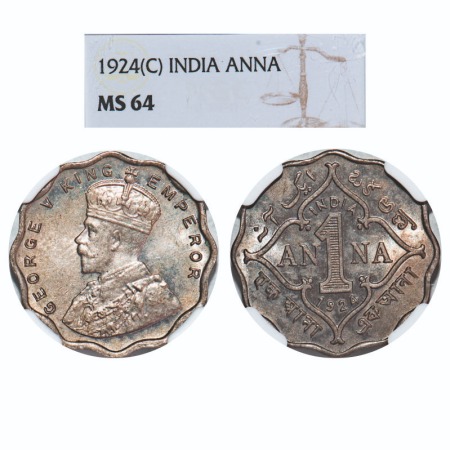 George V, Copper-Nickel, 1 Anna, 1924, Calcutta Mint, No dot. F. Prid 930. GK 1153. NGC Sl