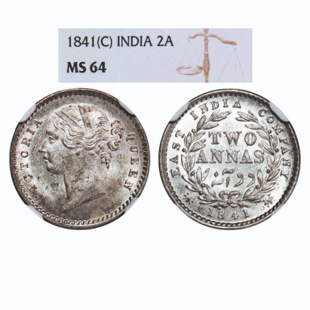 Victoria Queen, Silver, 2 Annas, 1841, DL, Calcutta Mint, W.W. raised, Wreath with 9 Berri