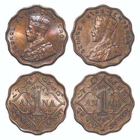 Georg V, Copper-Nickel, 1 Anna, (2 coins), 1936, Bombay Mint, Dot, 1) Small Dot, 2) Big do