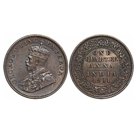 George V, Bronze, Quarter Anna, 1911, Calcutta Mint, No dot, Pig-Type. F. Prid 656. GK 117