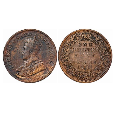 George V, Bronze, Quarter Anna, 1911, Calcutta Mint, No dot, Pig-Type. F. Prid 656. GK 117