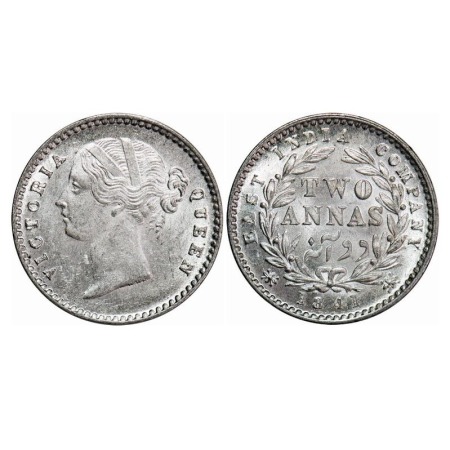 Victoria Queen, Silver, 2 Annas, 1841, DL, Calcutta Mint, W.W. raised, Wreath with 9 Berri