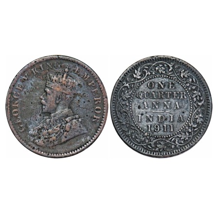 George V, Bronze, Quarter Anna, 1911, Calcutta Mint, No dot, Pig-Type. F. Prid 656. GK 117