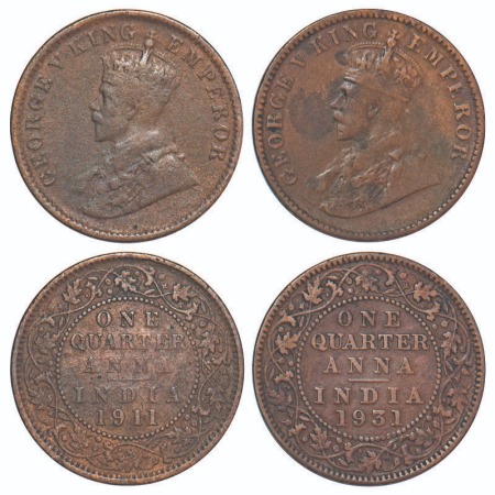 George V, Bronze, Quarter Anna, (2 coins), 1911, 1931, Calcutta Mint, No dot. F. Prid 656,