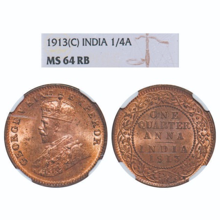 George V, Bronze, Quarter Anna, 1913, Calcutta Mint, No dot. F. Prid 659. GK 1173. NGC Sla