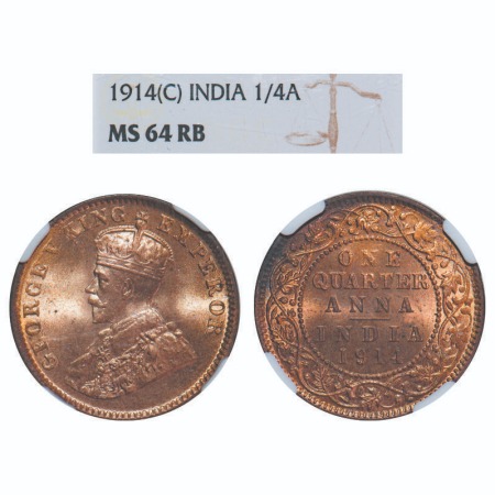 George V, Bronze, Quarter Anna, 1914, Calcutta Mint, No dot. F. Prid 660. GK 1174. NGC Sla