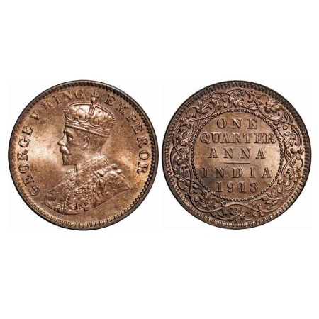 George V, Bronze, Quarter Anna, 1918, Calcutta mint, No dot. F. Prid 663. GK 1177. Brillia