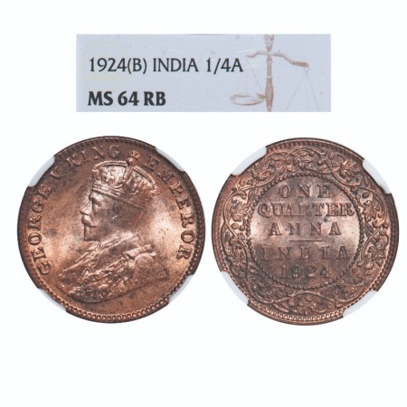 George V, Bronze, Quarter Anna, 1924, Bombay Mint, Dot. F. Prid 677. GK 1180. NGC Slabbed
