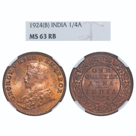 George V, Bronze, Quarter Anna, 1924, Bombay Mint, Dot. F. Prid 677. GK 1180. NGC Slabbed 