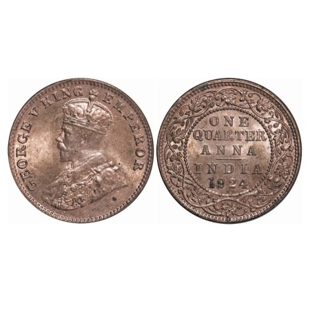 George V, Bronze, Quarter Anna, 1924, Bombay Mint, Dot. F. Prid 677. GK 1180. Uncirculated