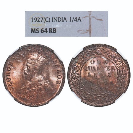 George V, Bronze, Quarter Anna, 1927, Calcutta Mint, No dot. F. Prid 668. GK 1186. NGC Sla