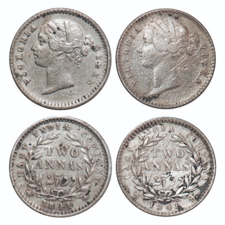 Victoria Queen, Silver, 2 Annas, (2 coins), 1841, DL, 1) Calcutta Mint, W.W. raised, Wreat