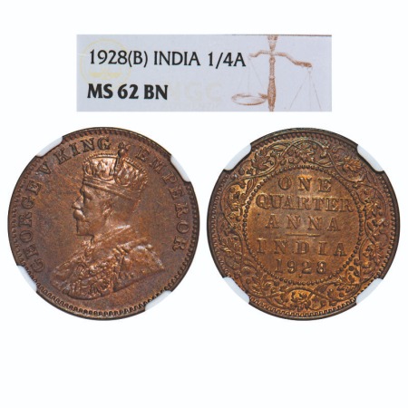 George V, Bronze, Quarter Anna, 1928, Bombay Mint, Dot. F. Prid 681. GK 1187. NGC Slabbed 