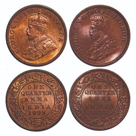 George V, Bronze, Quarter Anna, (2 coins), 1) 1929, Calcutta Mint, No dot, Alphabate 'Q' &