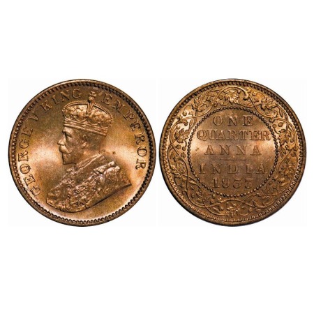 George V, Bronze, Quarter Anna, 1933, Calcutta Mint, No dot. F. Prid 673. GK 1193. Brillia